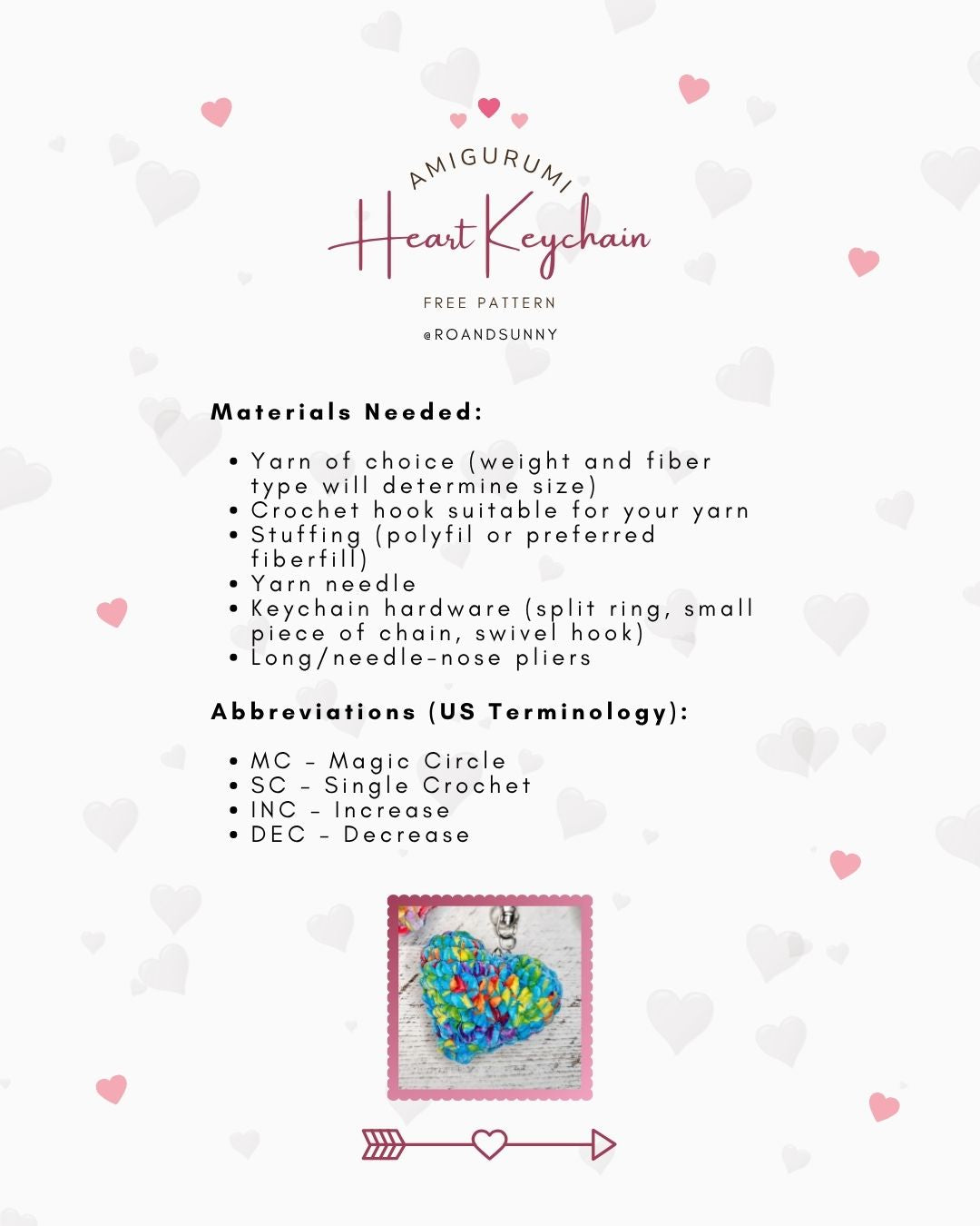 Heart keychain pattern with materials list and Abbreviations on a white background with heart designs